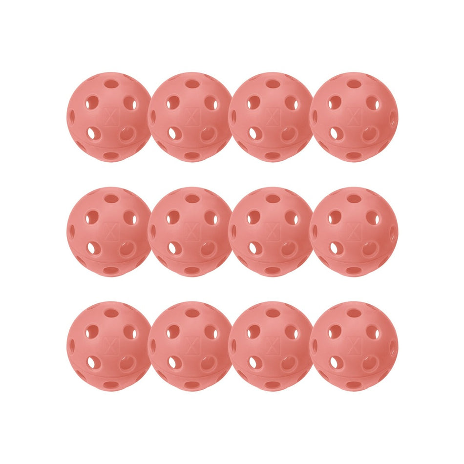 A pack of 12 pink Franklin Indoor X-26 Pickleballs with evenly spaced holes, USA Pickleball approved, shown in three rows on a white background—ideal for reliable performance in your indoor games.