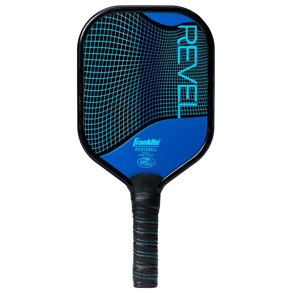 The Franklin Revel Pickleball Paddle by Franklin is blue with a curved grid design and "REVEL" printed vertically. It features a black and blue grip, an aluminum build, and is USA Pickleball approved.