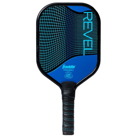 The Franklin Revel Pickleball Paddle by Franklin is blue with a curved grid design and "REVEL" printed vertically. It features a black and blue grip, an aluminum build, and is USA Pickleball approved.