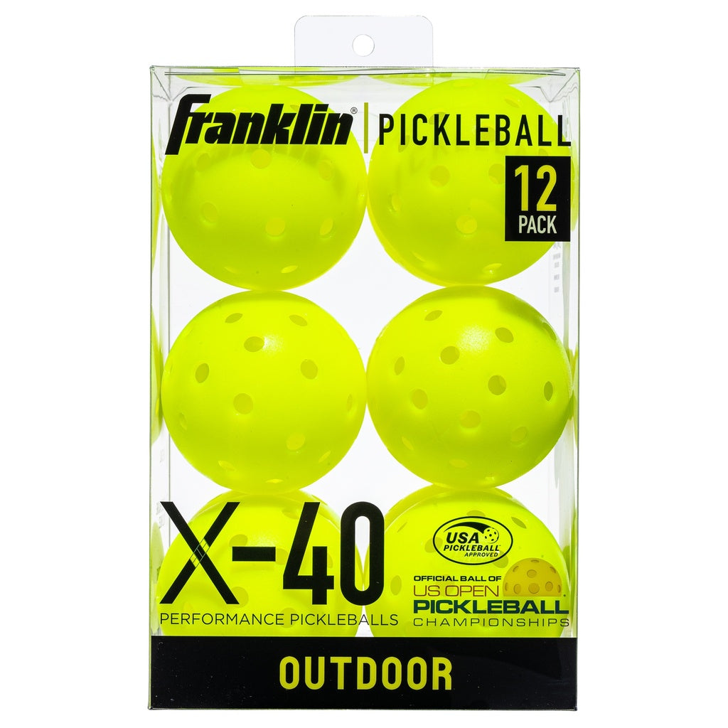 A box of Franklin Outdoor X-40 Pickleball -Vellum by Franklin includes 12 bright yellow, USA Pickleball approved balls, labeled as "12 Pack" and the official ball of the US Open Championships.