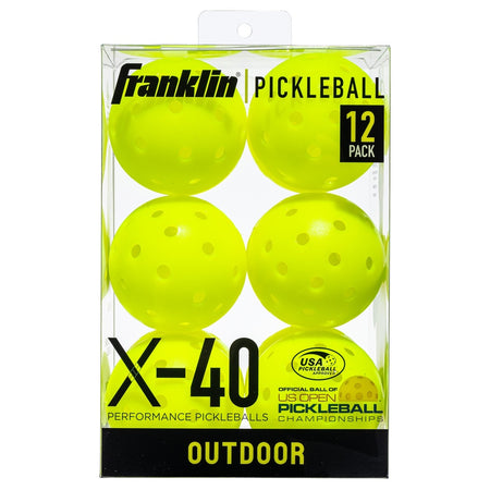 A box of Franklin Outdoor X-40 Pickleball -Vellum by Franklin includes 12 bright yellow, USA Pickleball approved balls, labeled as "12 Pack" and the official ball of the US Open Championships.