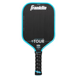 The Franklin FS Tour Dynasty Pickleball Paddle by Franklin in blue features a textured grip, premium carbon fiber face, is USA Pickleball approved, and offers enhanced performance.