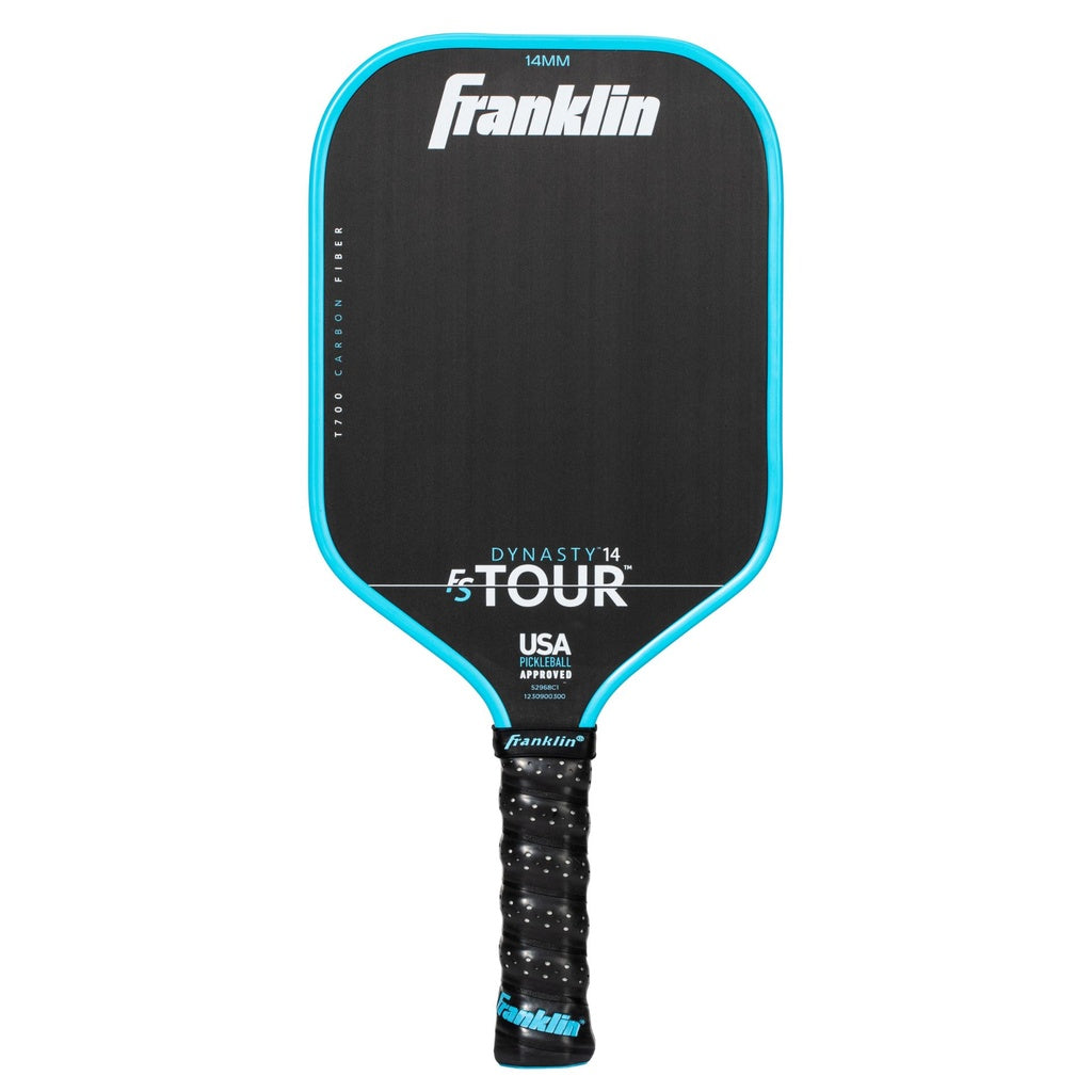 The Franklin FS Tour Dynasty Pickleball Paddle by Franklin in blue features a textured grip, premium carbon fiber face, is USA Pickleball approved, and offers enhanced performance.