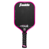 The Franklin FS Tour Dynasty Pickleball Paddle features a black carbon fiber face with pink trim, a black grip with pink end cap, "Franklin" at the top, is USA Pickleball approved, and displays "DYNASTY 16 TOUR" on the face. Color: Pink.