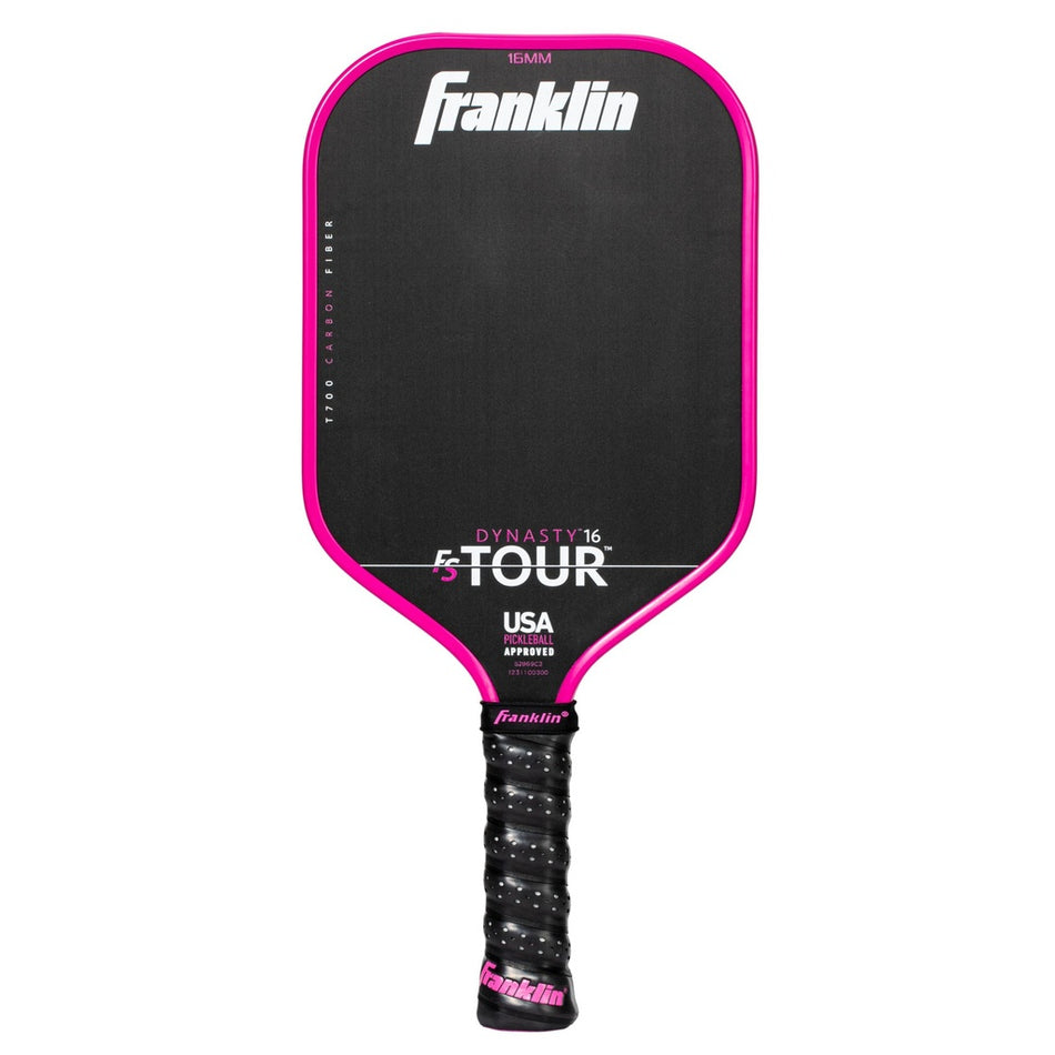 The Franklin FS Tour Dynasty Pickleball Paddle features a black carbon fiber face with pink trim, a black grip with pink end cap, "Franklin" at the top, is USA Pickleball approved, and displays "DYNASTY 16 TOUR" on the face. Color: Pink.