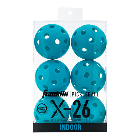 A clear box holds six blue Franklin Indoor X-26 Pickleball - Vellum balls, labeled with “INDOOR” and “USA Pickleball approved”—ideal for your next indoor pickleball game.