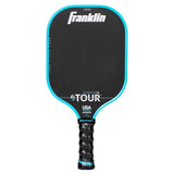 The Franklin FS Tour Tempo Pickleball Paddle by Franklin comes in blue and is USA Pickleball approved. It features a carbon fiber face, textured grip, white branding, and a 14mm thickness for excellent performance.
