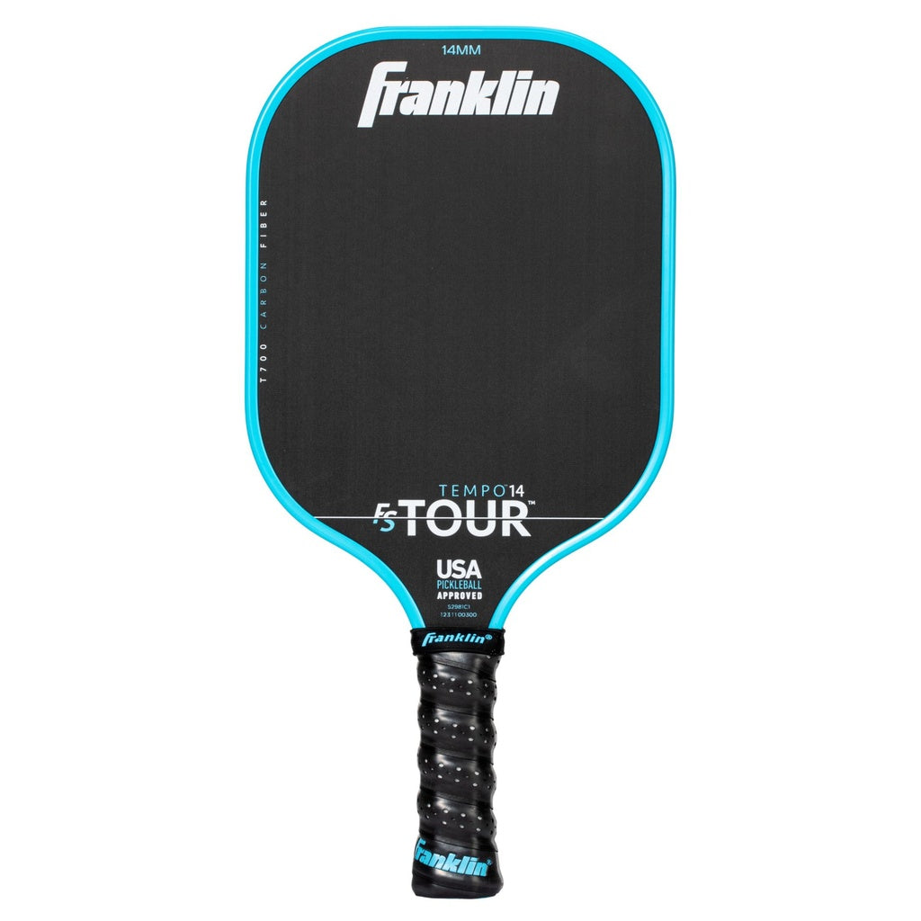 The Franklin FS Tour Tempo Pickleball Paddle by Franklin comes in blue and is USA Pickleball approved. It features a carbon fiber face, textured grip, white branding, and a 14mm thickness for excellent performance.