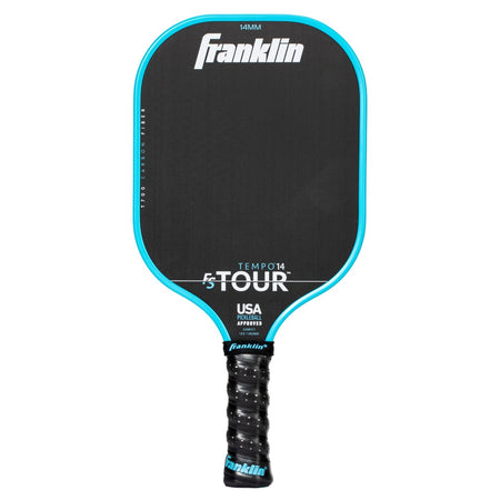 The Franklin FS Tour Tempo Pickleball Paddle by Franklin comes in blue and is USA Pickleball approved. It features a carbon fiber face, textured grip, white branding, and a 14mm thickness for excellent performance.