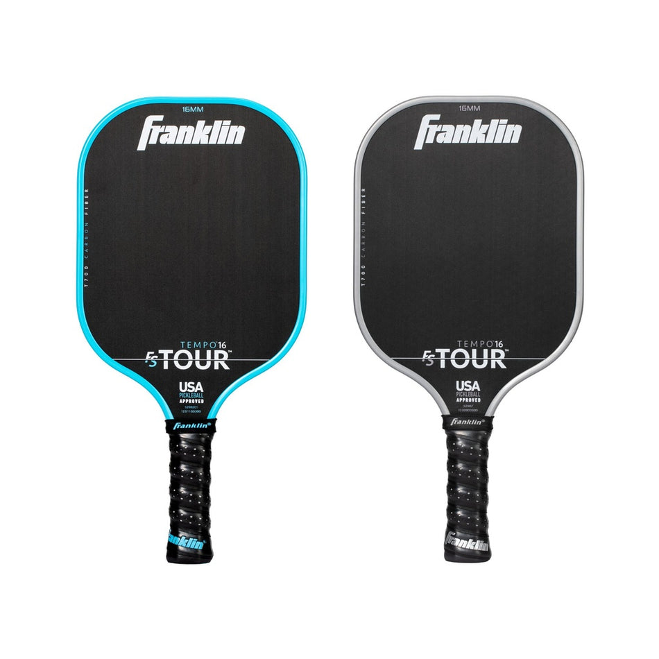 Two Franklin FS Tour Tempo Pickleball Paddles by Franklin are shown side by side; the left paddle has a blue outline, the right has a white outline. Both have black faces with white branding and black handles, and are USA Pickleball approved.