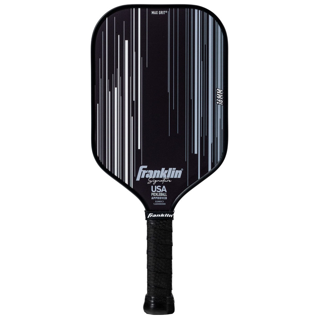 The Franklin Signature Pro Series Pickleball Paddle by Franklin is black with vertical white and blue lines, featuring Franklin and USA logos near the bottom. It has MaxGrit surface tech, a black grip, and is USA Pickleball certified for top performance.