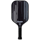 The Franklin Signature Pro Series Pickleball Paddle by Franklin is black with vertical white and blue lines, featuring Franklin and USA logos near the bottom. It has MaxGrit surface tech, a black grip, and is USA Pickleball certified for top performance.