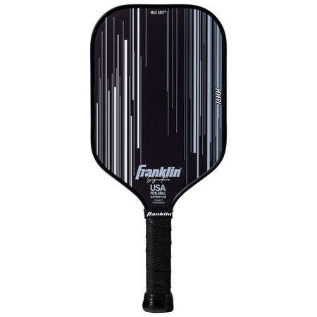 The Franklin Signature Pro Series Pickleball Paddle by Franklin is black with vertical white and blue lines, featuring Franklin and USA logos near the bottom. It has MaxGrit surface tech, a black grip, and is USA Pickleball certified for top performance.