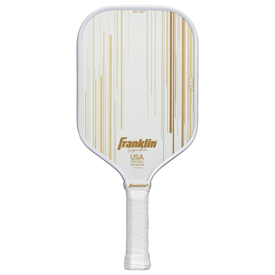 The Franklin Signature Pro Series Pickleball Paddle by Franklin features a gold design, USA Pickleball Approved text, white grip tape on the handle, and MaxGrit surface technology for enhanced spin.
