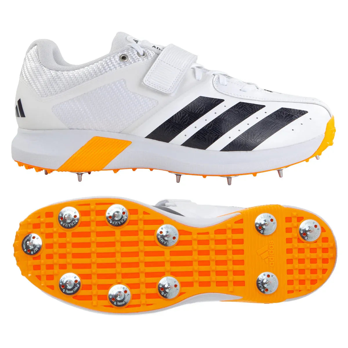 The Adidas 22YDS Vector White/Orange Cricket Spikes 2026 feature Cloud White/Aurora Onix/Lucid Tangerine colors, bold stripes, a Velcro strap, and a spiked sole. Designed for pace bowlers with both side and bottom views shown.