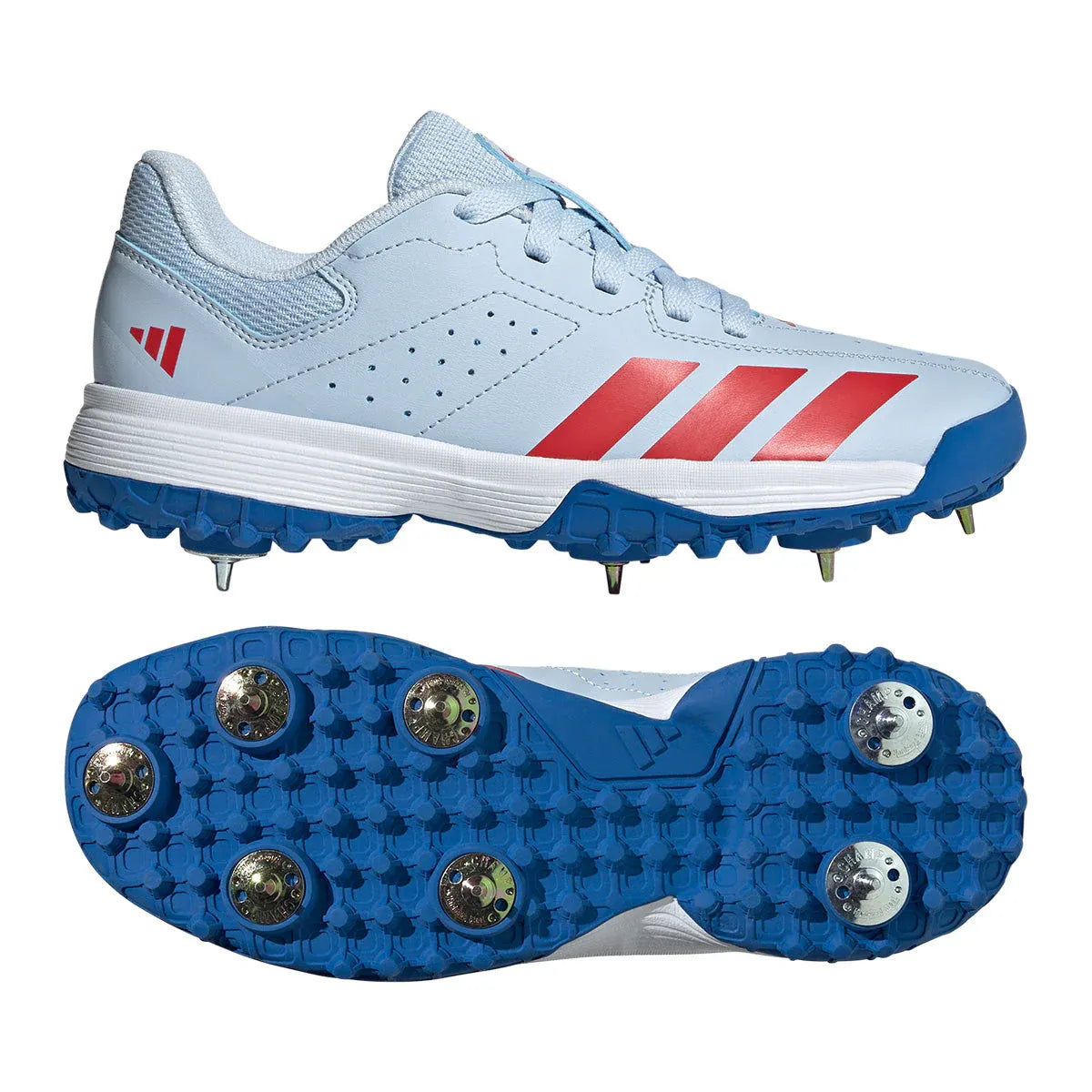 Adidas Howzat White/Red/Royal Cricket Spikes 2026 in Crystal Sky/Pure Ruby/Bright Royal colors feature blue and white uppers with red stripes, blue soles, and metal spikes. Shown from the side and sole view—ideal for club cricketers.