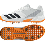 Adidas 22YDS White/Orange Cricket Spikes 2026 feature Cloud White with black stripes and Lucid Tangerine spikes, shown from the side and bottom to display grip and metal spikes—ideal for top cricket performance.