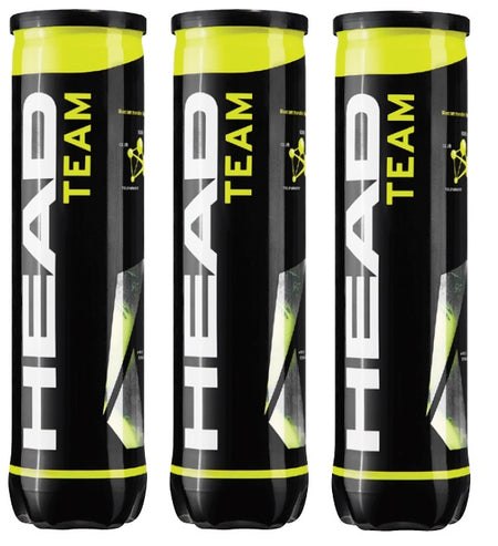 Three HEAD TEAM black and yellow cylindrical cans, each labeled with bold white and yellow text, stand upright in a row. Each can is from the Head Team Tennis Balls Pack of 12 (3 tubes of 4) by Head.