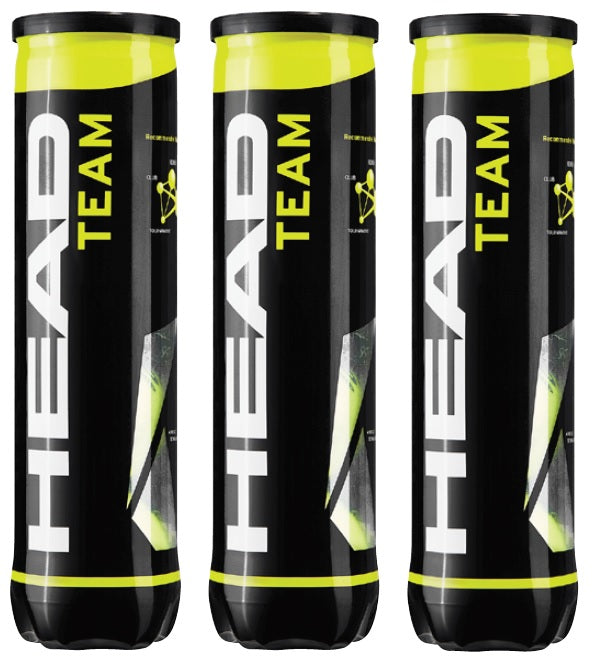 Three HEAD TEAM black and yellow cylindrical cans, each labeled with bold white and yellow text, stand upright in a row. Each can is from the Head Team Tennis Balls Pack of 12 (3 tubes of 4) by Head.