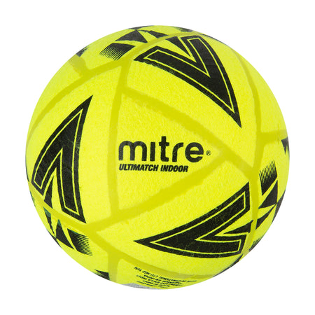 The Mitre Ultimatch Indoor Football is a bright yellow ball with high-visibility felt, bold black geometric patterns, and the Mitre brand name printed in black on a white background.