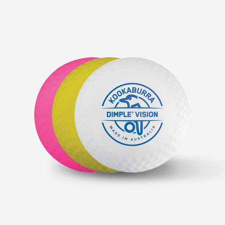 Three Kookaburra Dimple Vision Hockey Balls—white (with blue branding), yellow, and pink—are lined up on a plain white background, highlighting the popular Kookaburra product made in Australia.