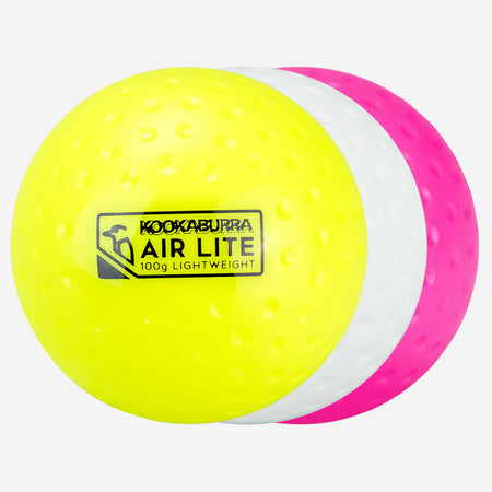 The Kookaburra Air Lite Dimple Hockey Ball White, by Kookaburra, features a dimpled design with yellow, white, and pink sections—ideal as a lightweight training aid.