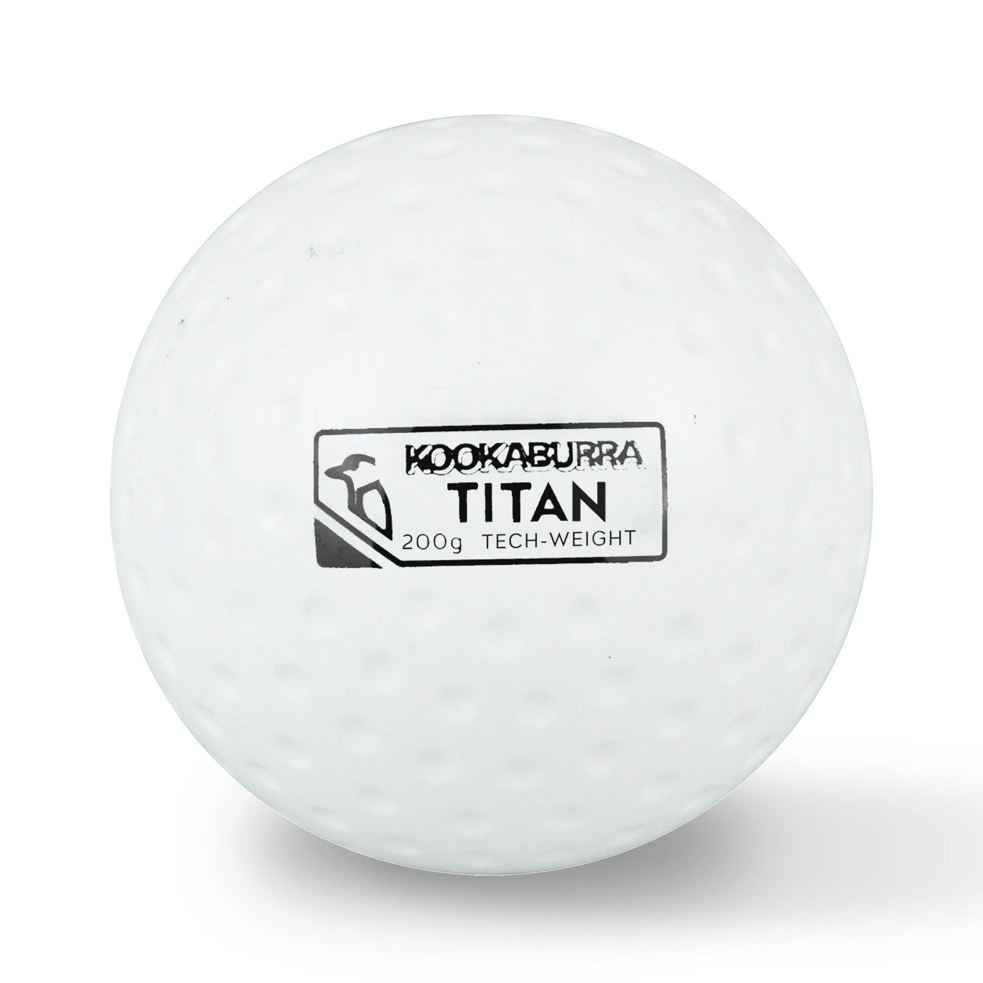 A white Kookaburra Dimple Titan Hockey Ball, featuring a bird logo and dimpled surface, is shown against a plain background—perfect for improving passing strength.