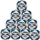 A pyramid stack of ten Mitre Impel One Footballs (Ten Pack) in White/Black/Teal, each displaying the Mitre brand name and logo with a soft touch finish and striking patterns.