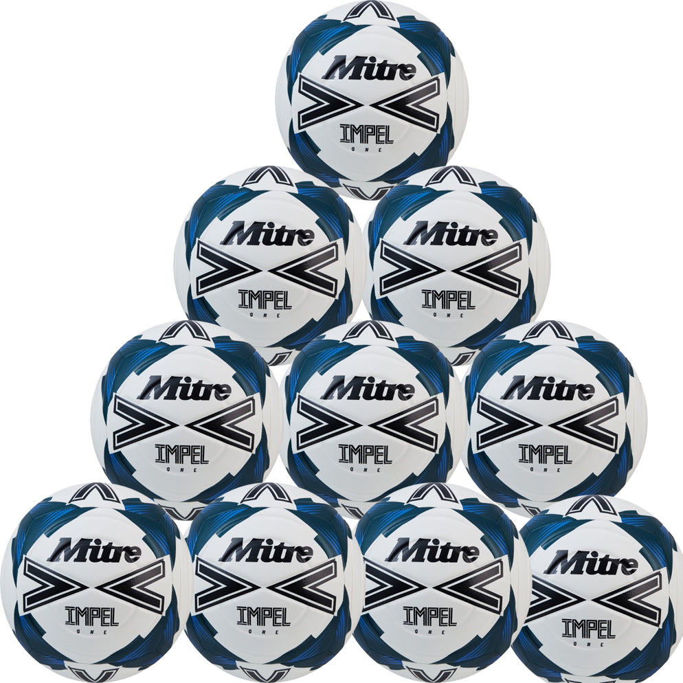 A pyramid stack of ten Mitre Impel One Footballs (Ten Pack) in White/Black/Teal, each displaying the Mitre brand name and logo with a soft touch finish and striking patterns.