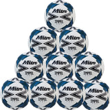 A pyramid stack of ten Mitre Impel One Footballs (Ten Pack) in White/Black/Teal, each displaying the Mitre brand name and logo with a soft touch finish and striking patterns.