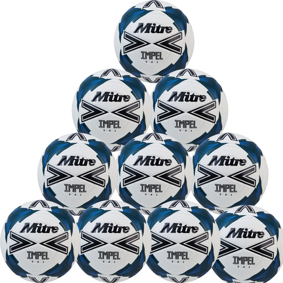 A pyramid stack of ten Mitre Impel One Footballs (Ten Pack) in White/Black/Teal, each displaying the Mitre brand name and logo with a soft touch finish and striking patterns.