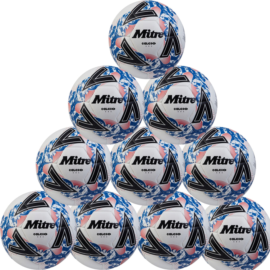 A pyramid stack of ten Mitre Calcio 24 Training Footballs, each featuring a white base with blue, red, and black accents. Every machine-stitched football displays the Mitre logo and "Calcio" for reliable training performance. Ten pack.