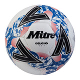 The Mitre Calcio 24 Training Football - Ten Pack features white, black, and blue balls with bold Mitre branding—ideal for those seeking quality training footballs.