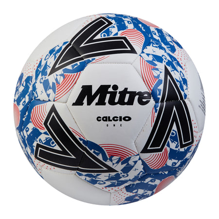 The Mitre Calcio 24 Training Football - Ten Pack features white, black, and blue balls with bold Mitre branding—ideal for those seeking quality training footballs.