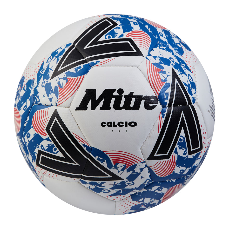The Mitre Calcio 24 Training Football - Ten Pack features white, black, and blue balls with bold Mitre branding—ideal for those seeking quality training footballs.