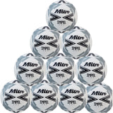 A four-layer pyramid stack of ten Mitre Impel One Footballs, in White/Black/Grey, from Mitre’s Ten Pack set, displayed against a plain background.