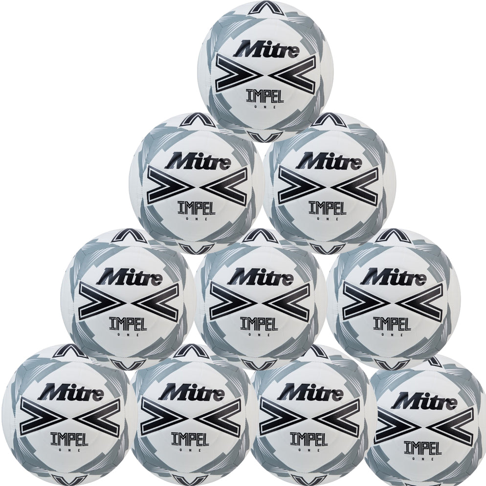 A four-layer pyramid stack of ten Mitre Impel One Footballs, in White/Black/Grey, from Mitre’s Ten Pack set, displayed against a plain background.