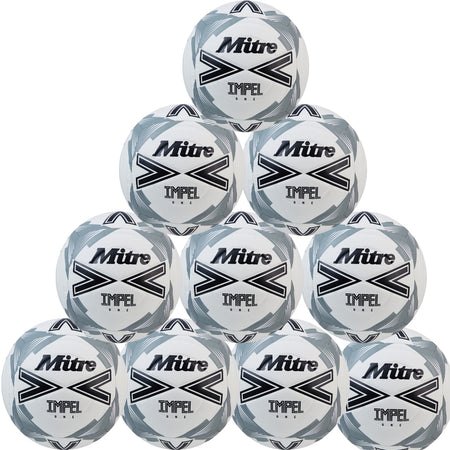 A four-layer pyramid stack of ten Mitre Impel One Footballs, in White/Black/Grey, from Mitre’s Ten Pack set, displayed against a plain background.