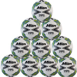 Ten Mitre Impel One Footballs in White/Black/Sage, sold as a ten pack, are stacked pyramid-style against a plain white background, highlighting the durability and design of these Mitre training footballs.