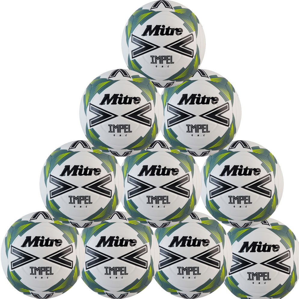 Ten Mitre Impel One Footballs in White/Black/Sage, sold as a ten pack, are stacked pyramid-style against a plain white background, highlighting the durability and design of these Mitre training footballs.