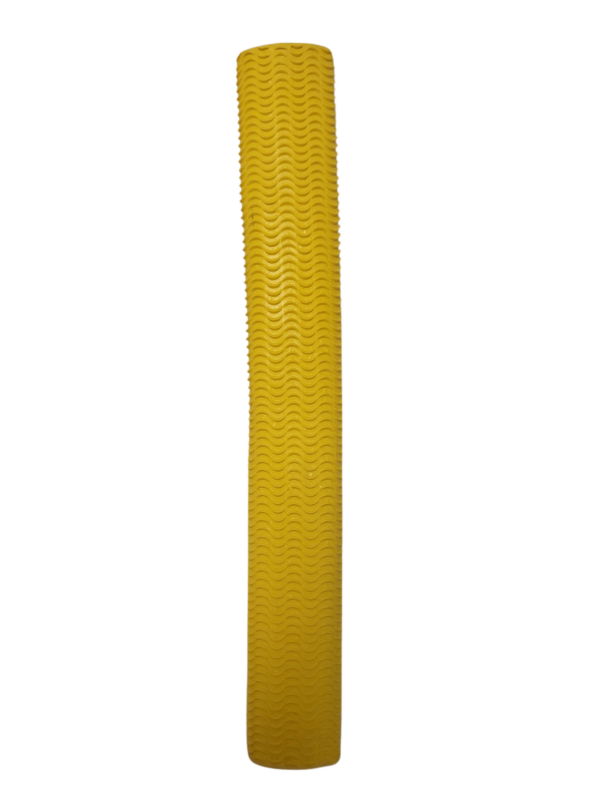 The Hunts County Wave Rubber Bat Grip, a long yellow cylindrical grip with a wavy textured pattern, is shown vertically against a white background.
