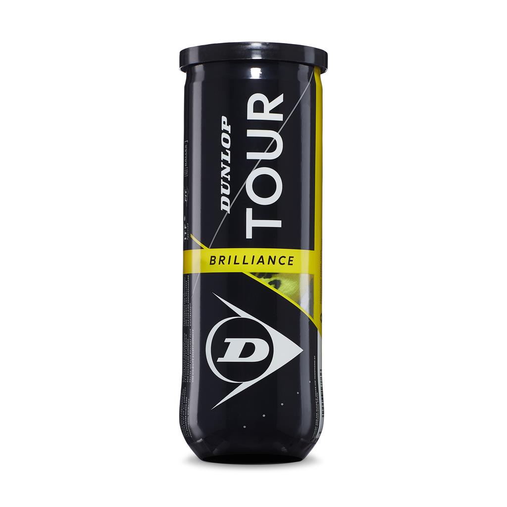 The Dunlop Tour Brilliance 3 Ball Tube is a black canister of pressurised tennis balls with white and yellow branding. Suitable for all surfaces, these Dunlop balls feature a bright cloth for improved visibility.
