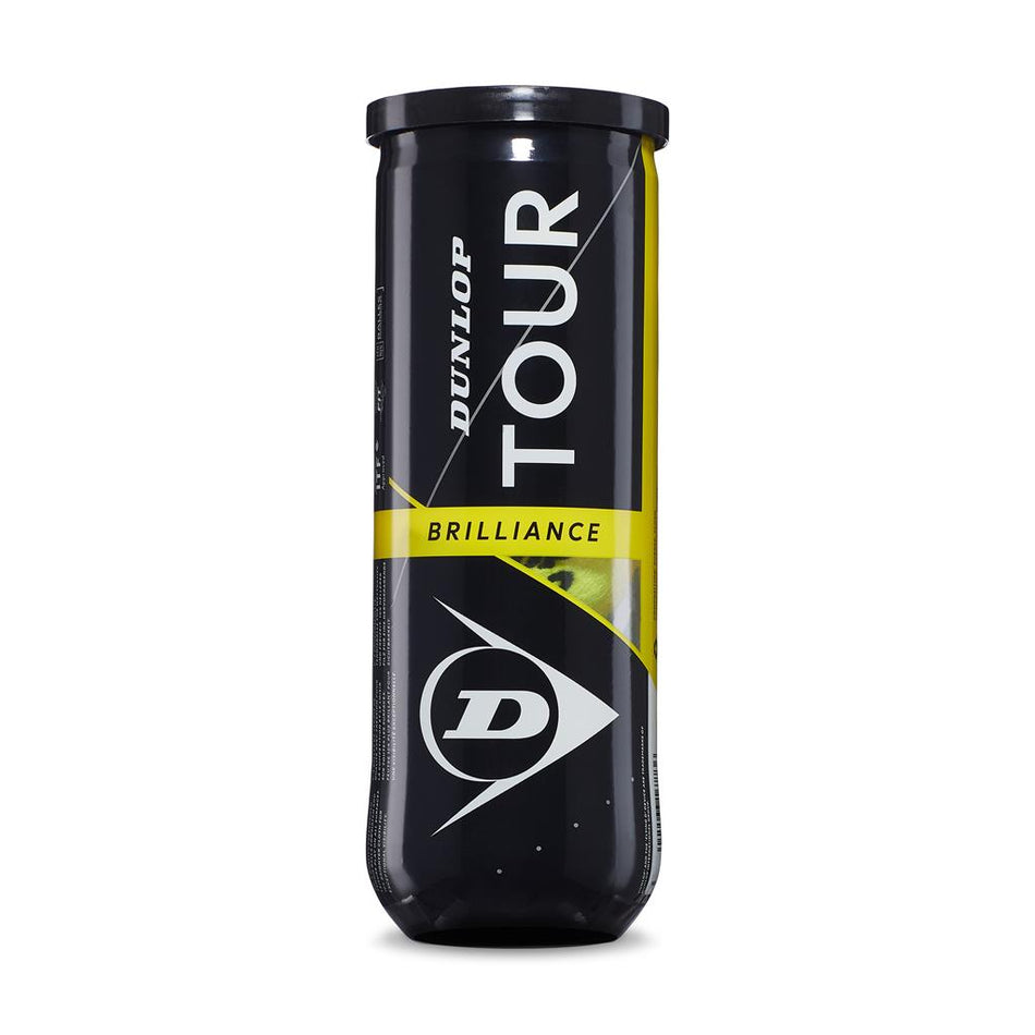 The Dunlop Tour Brilliance 3 Ball Tube is a black canister of pressurised tennis balls with white and yellow branding. Suitable for all surfaces, these Dunlop balls feature a bright cloth for improved visibility.