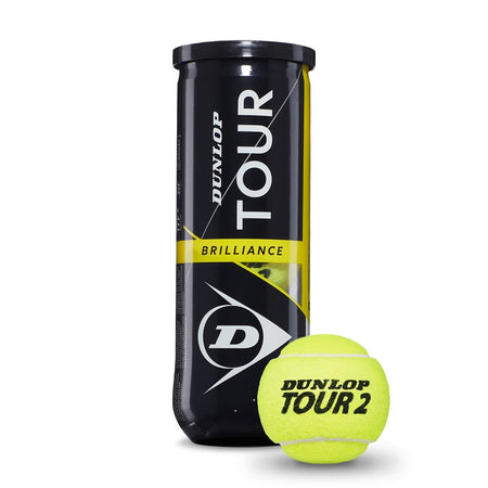 A black Dunlop Tour Brilliance 3 Ball Tube stands next to a bright yellow Dunlop tennis ball with enhanced visibility, both set against a white background.