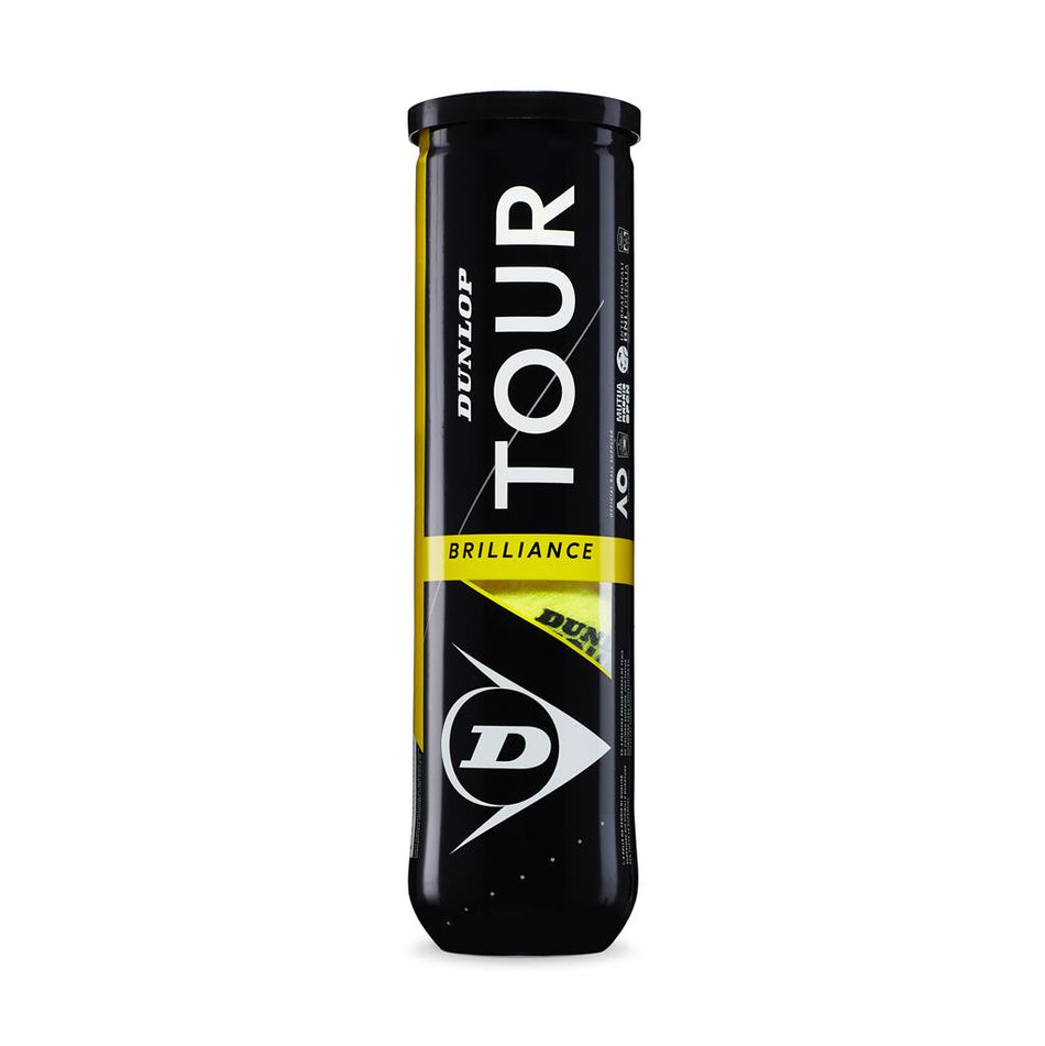 A Dunlop Tour Brilliance 4 Ball Tube stands upright against a white background, featuring the Dunlop logo and bold text on its black and yellow design—ideal for match or leisure play.