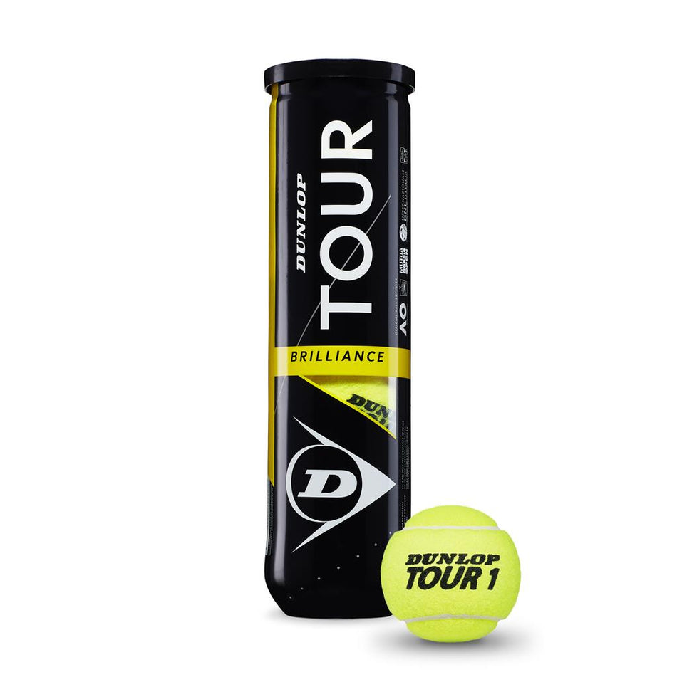A Dunlop Tour Brilliance 4 Ball Tube stands upright next to a single yellow Dunlop tennis ball, both designed for match and leisure play, showcased on a white background.