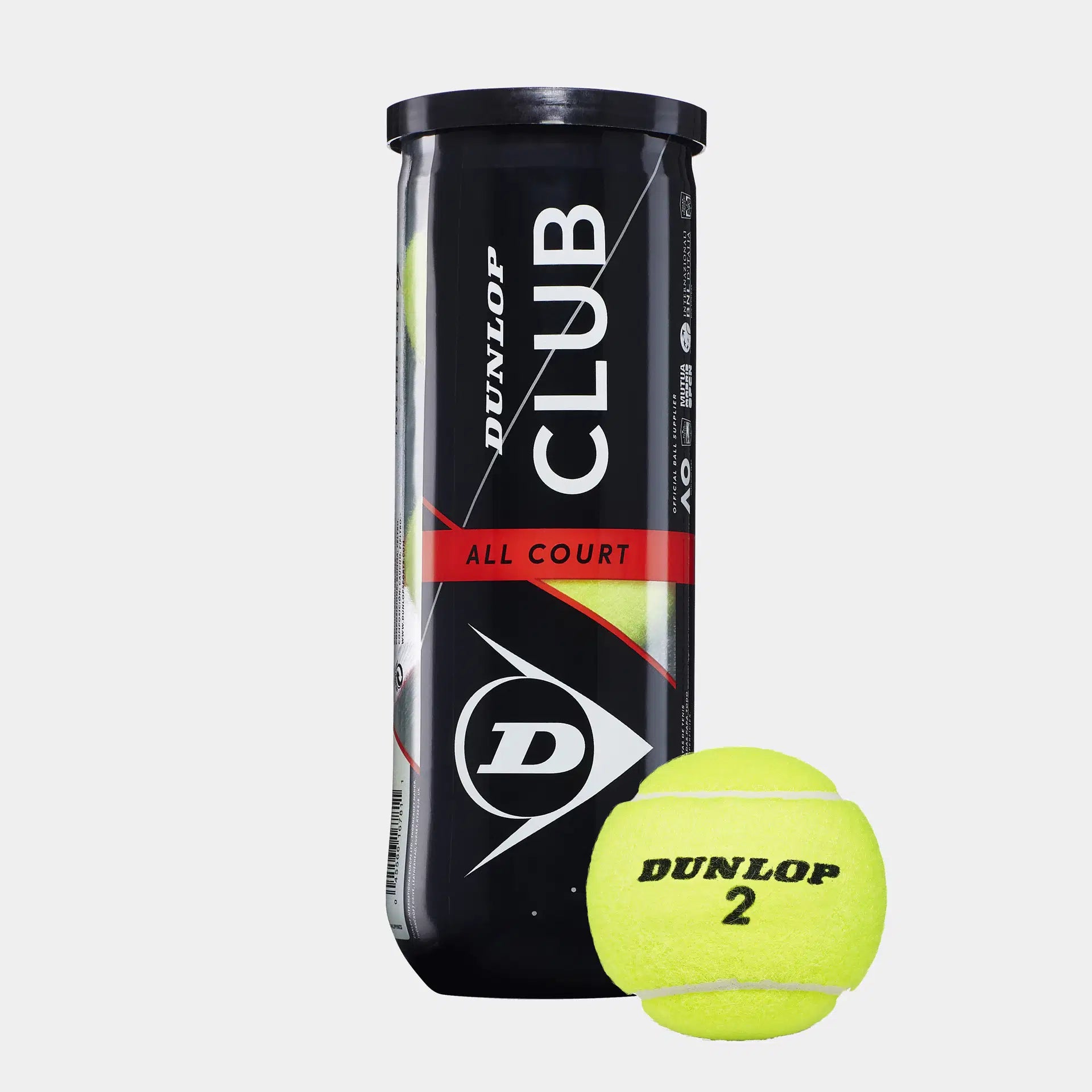 A black tube labeled Dunlop Club Tennis Balls - 3 Ball Tube by Dunlop is shown with one bright yellow tennis ball marked DUNLOP 2 in front, all set against a white background.