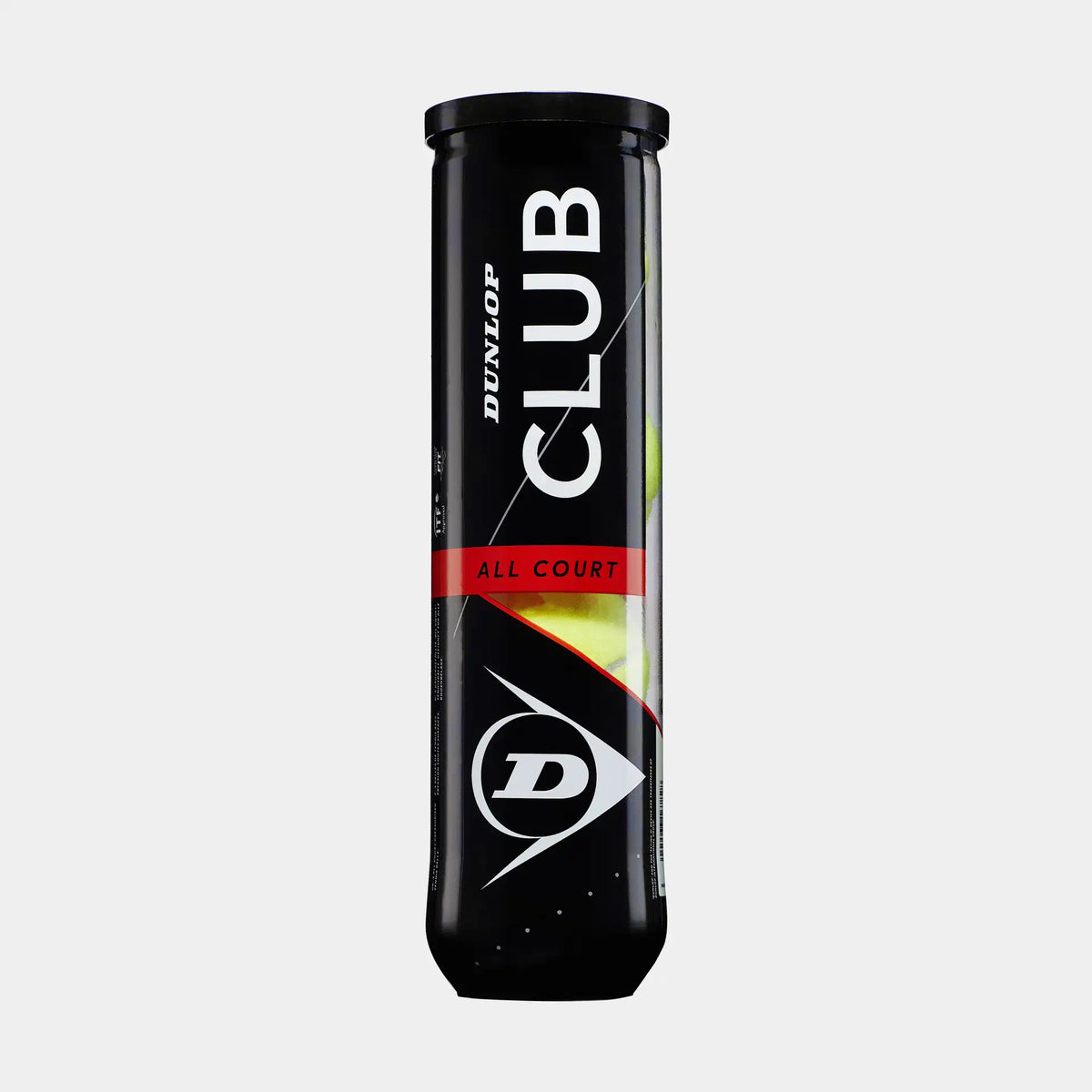 A black canister of Dunlop Club Tennis Balls - 4 Ball Tube by Dunlop features bold white text, a red stripe, and a yellow tennis ball visible—ideal for players seeking quality entry-level tennis balls.