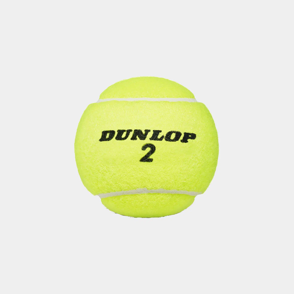 A tube of 4 Dunlop Club Tennis Balls, bright yellow with a fuzzy texture and "DUNLOP" branding—ideal entry-level balls for any court surface.