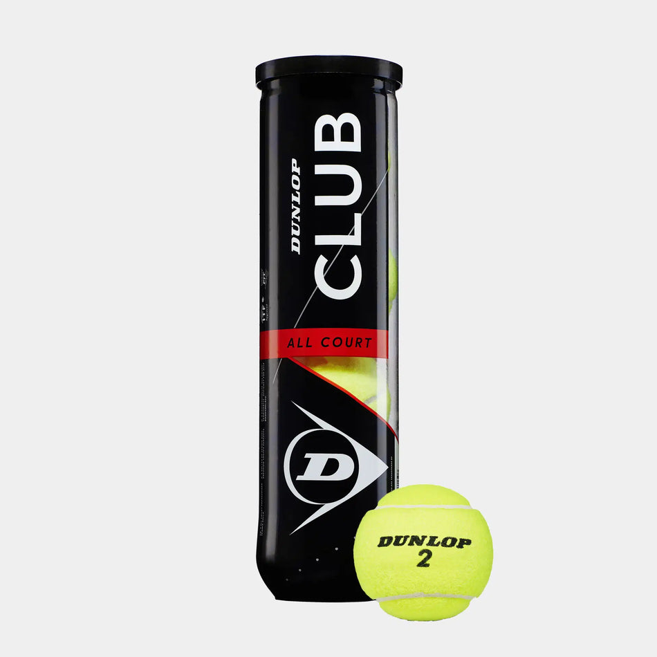 A black canister labeled Dunlop Club Tennis Balls - 4 Ball Tube stands upright with a yellow ball marked 2 in front—ideal entry-level tennis balls from Dunlop for versatile, all court play.